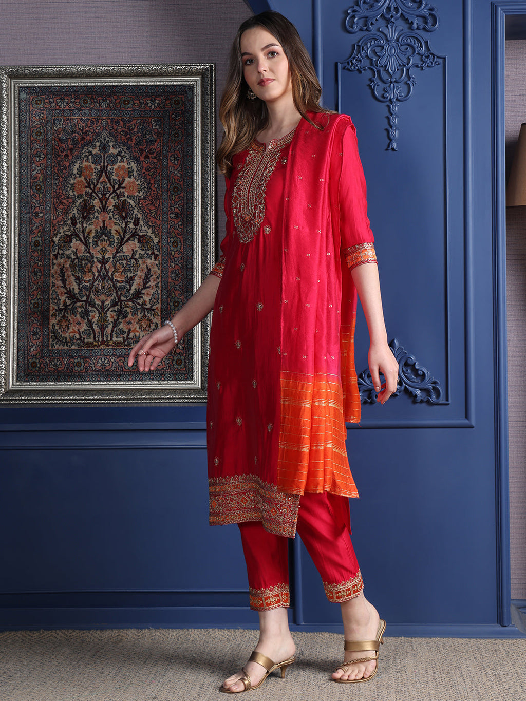Embroidered Kurta With Pant & Two Toned Embroidered Dupatta, Pink - Hiral Fashion
