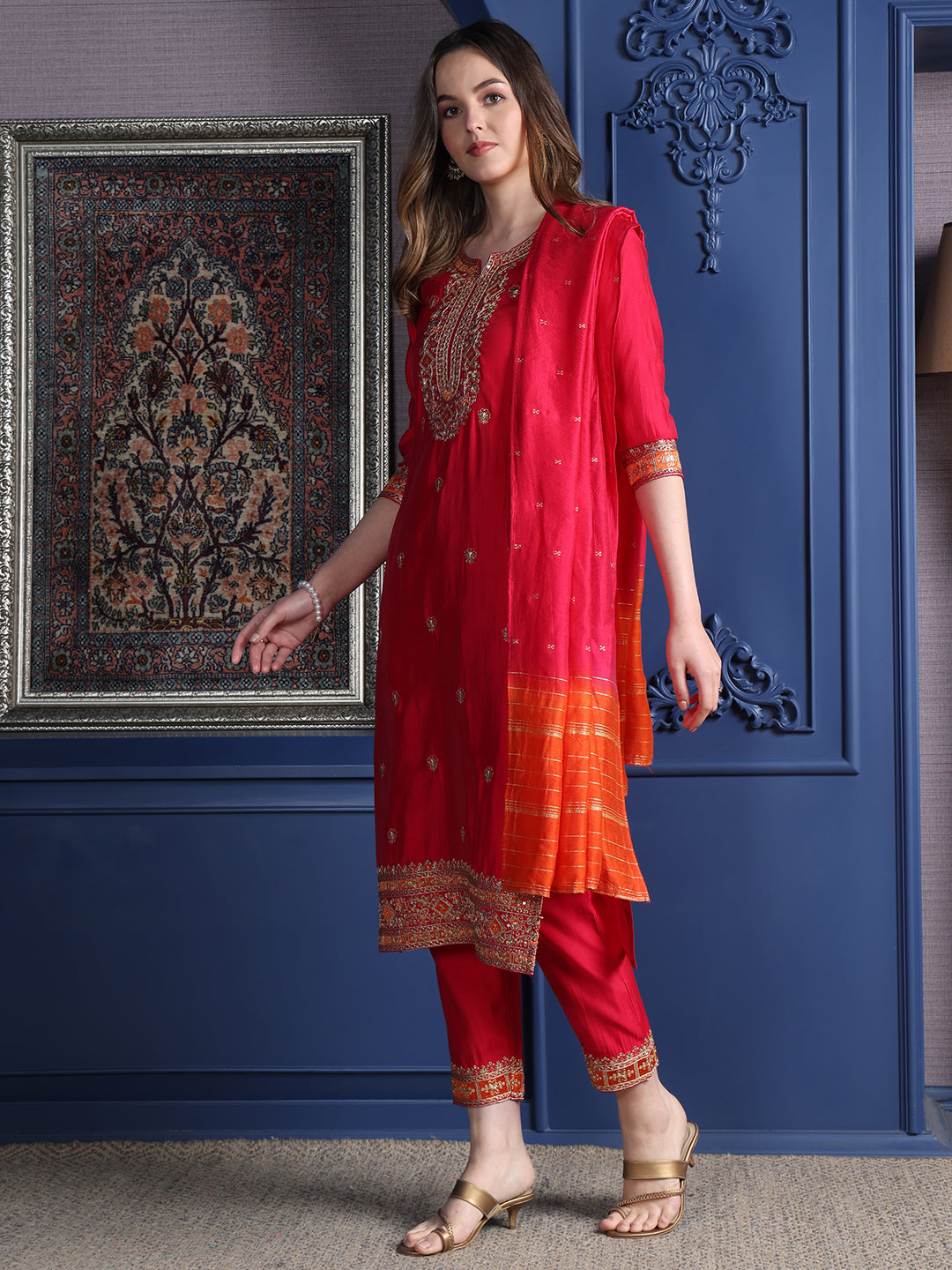 Embroidered Kurta With Pant & Two Toned Embroidered Dupatta, Pink - Hiral Fashion