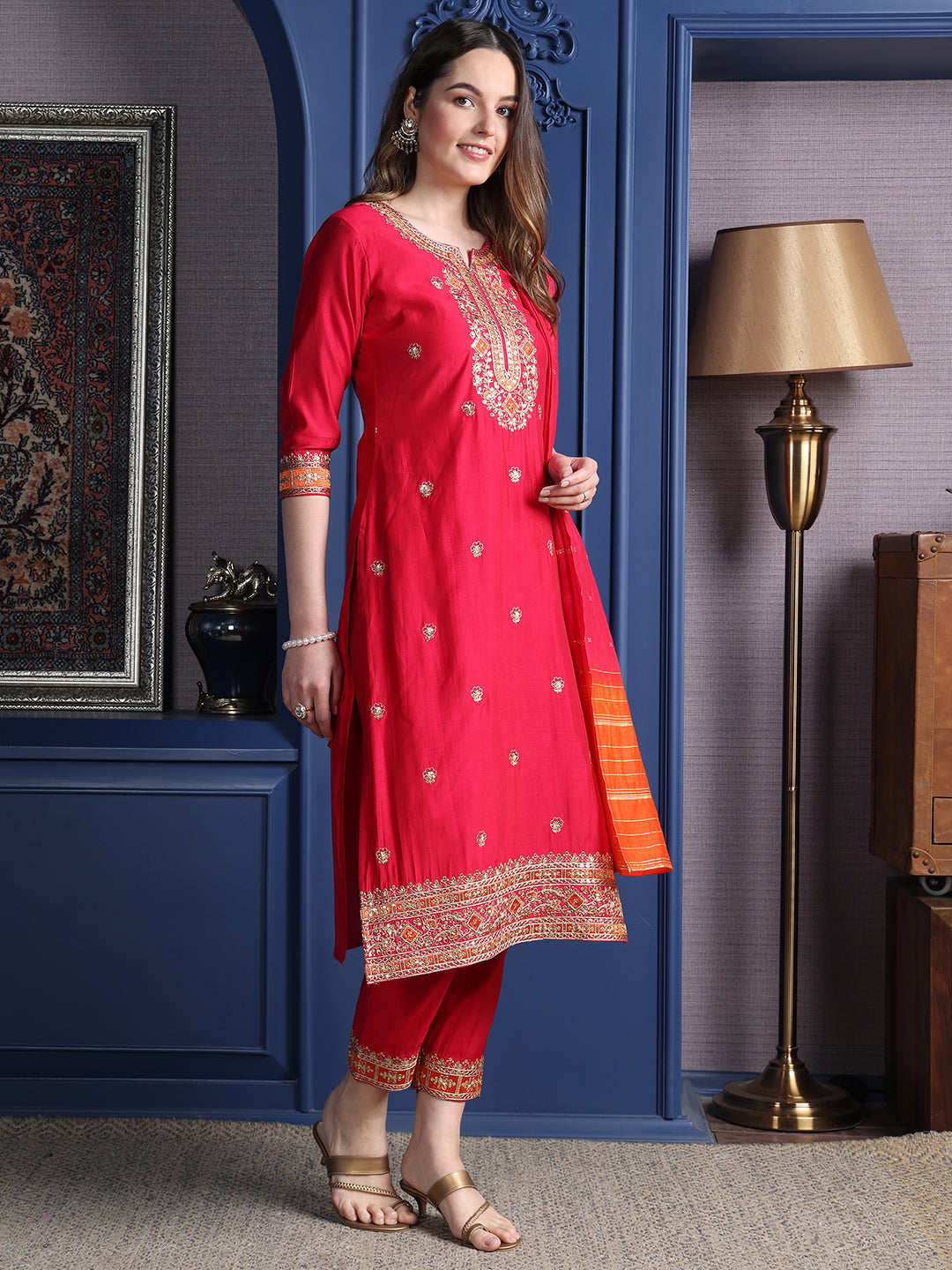 Embroidered Kurta With Pant & Two Toned Embroidered Dupatta, Pink - Hiral Fashion
