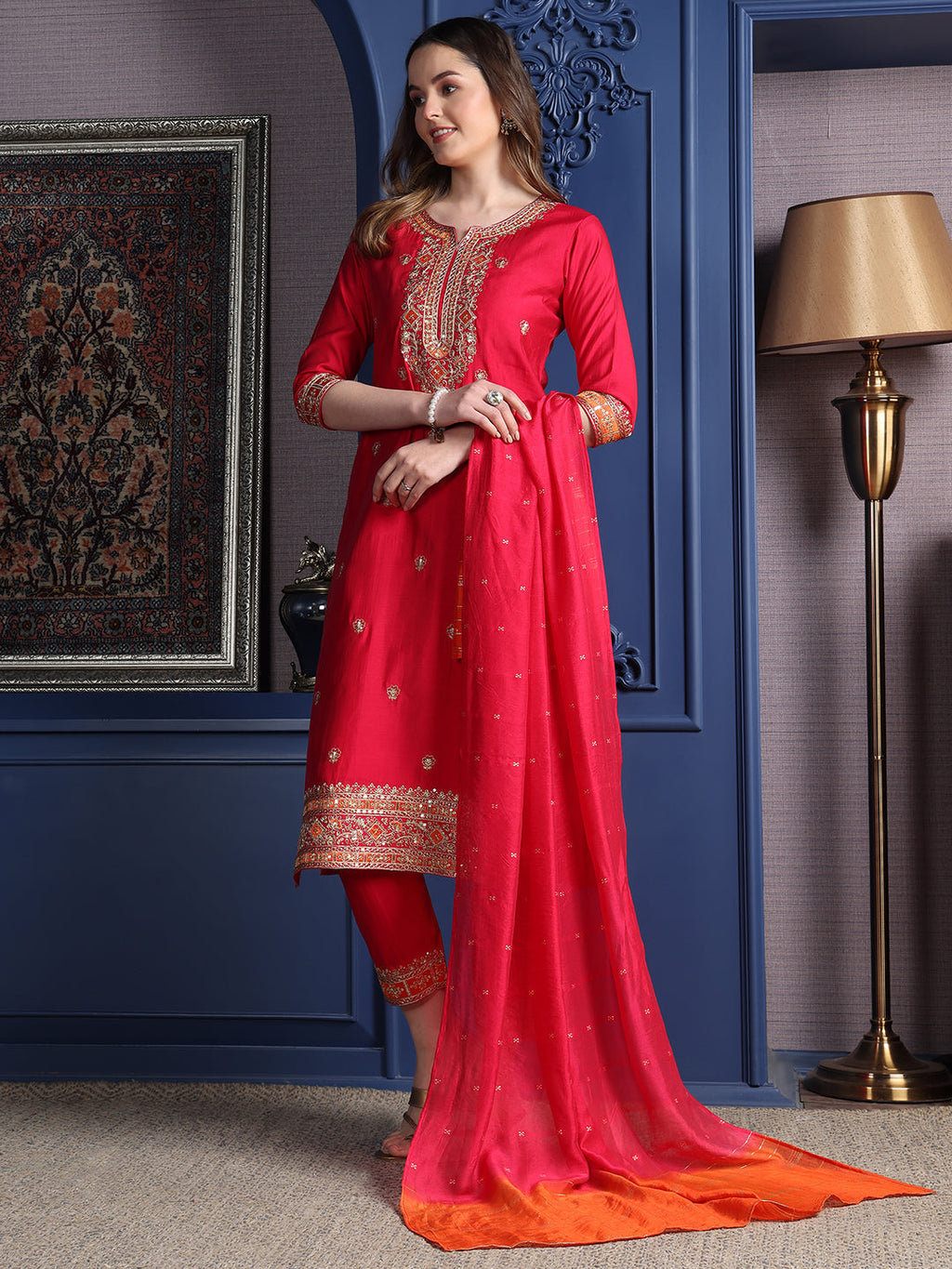Embroidered Kurta With Pant & Two Toned Embroidered Dupatta, Pink - Hiral Fashion