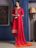 Embroidered Kurta With Pant & Two Toned Embroidered Dupatta, Pink - Hiral Fashion