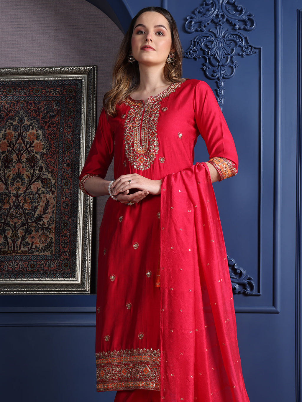 Embroidered Kurta With Pant & Two Toned Embroidered Dupatta, Pink - Hiral Fashion