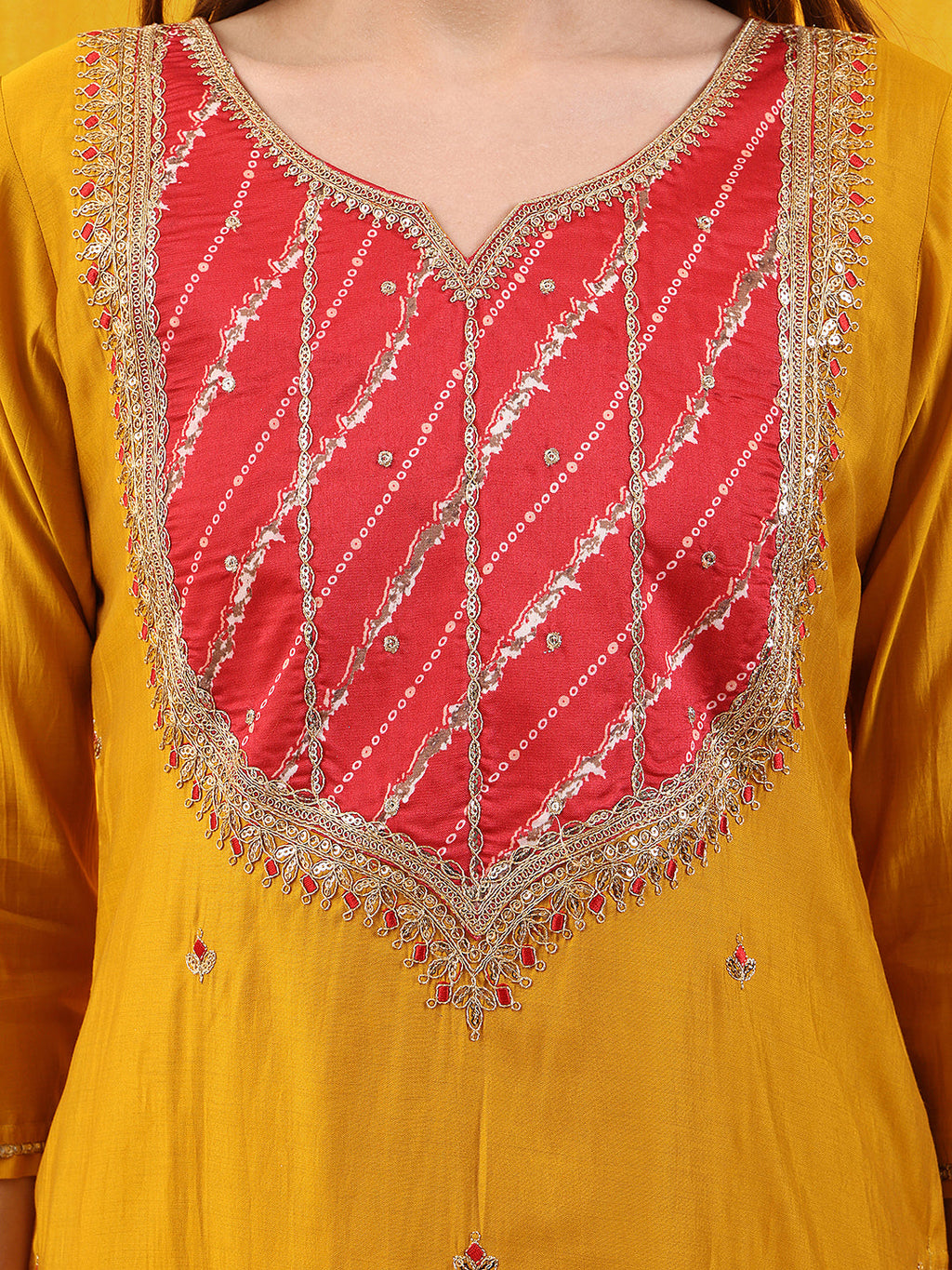 Sequined Embroidered & Applique Patch Kurta With Pant & Printed Dupatta, Mustard - Hiral Fashion - Distacart