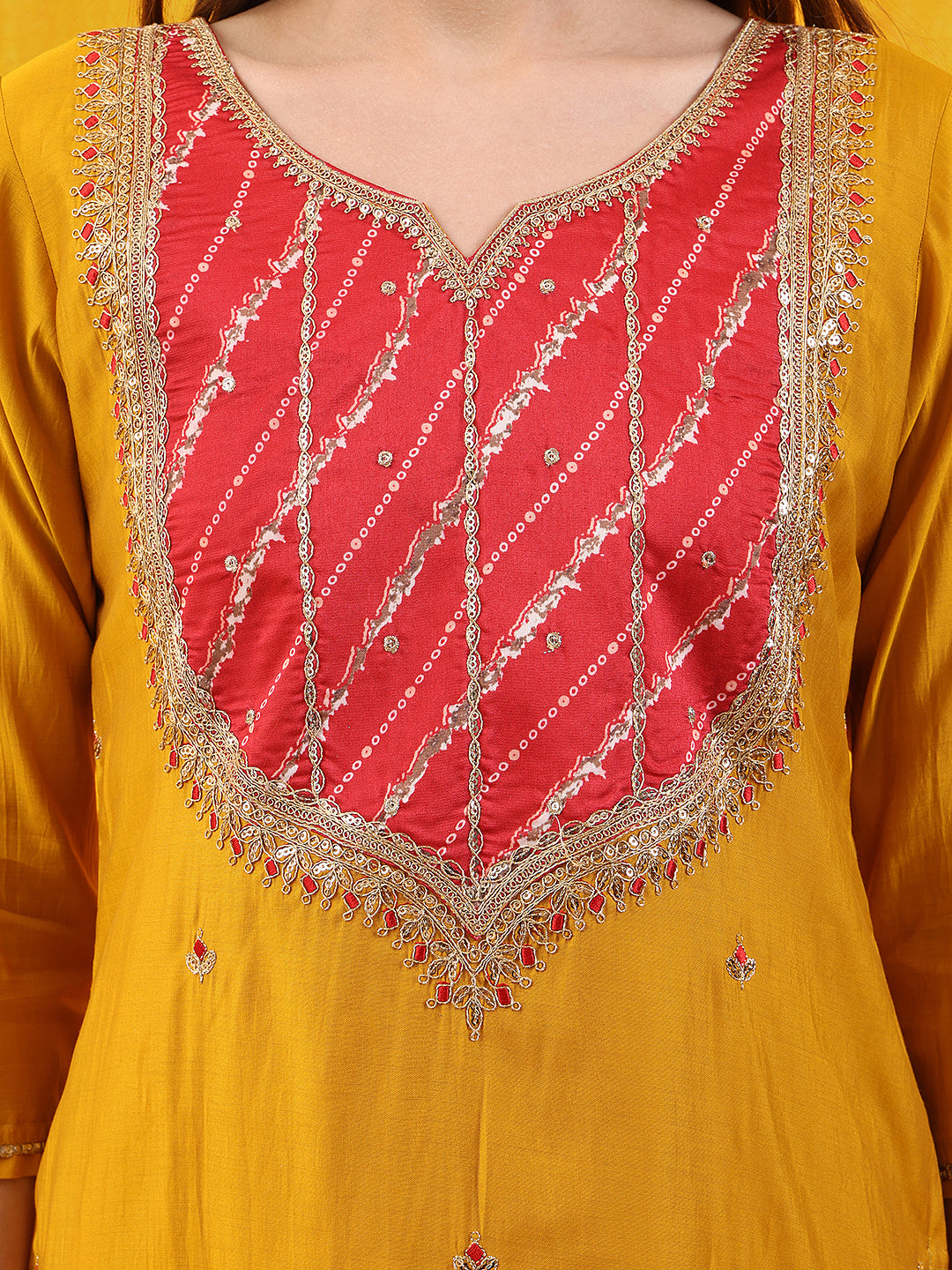 Sequined Embroidered & Applique Patch Kurta With Pant & Printed Dupatta, Mustard - Hiral Fashion - Distacart