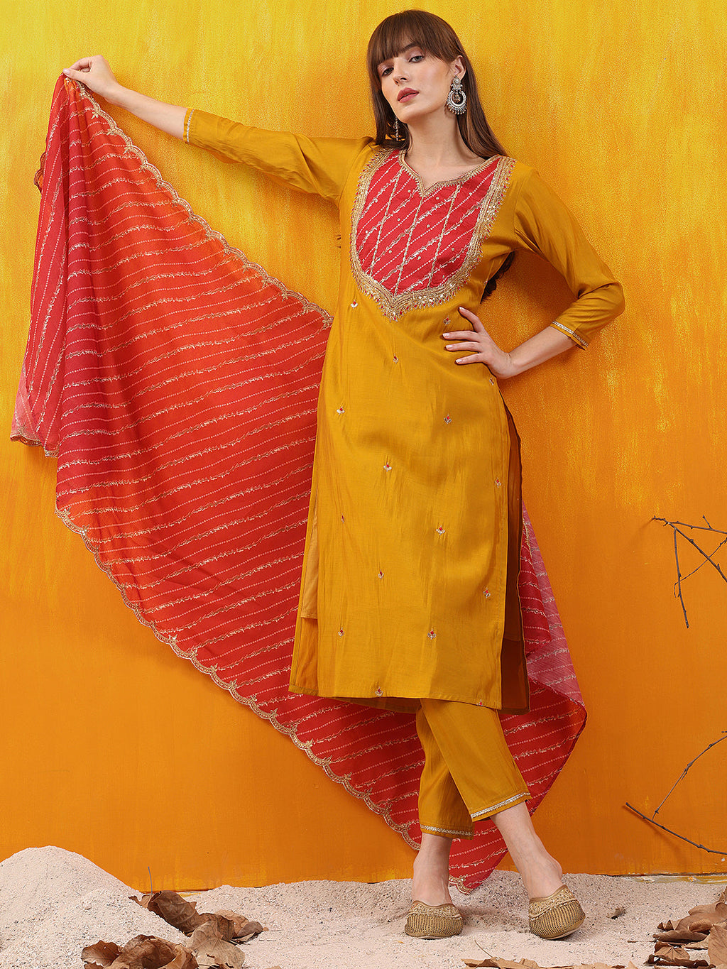 Sequined Embroidered & Applique Patch Kurta With Pant & Printed Dupatta, Mustard - Hiral Fashion - Distacart