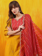 Sequined Embroidered & Applique Patch Kurta With Pant & Printed Dupatta, Mustard - Hiral Fashion - Distacart