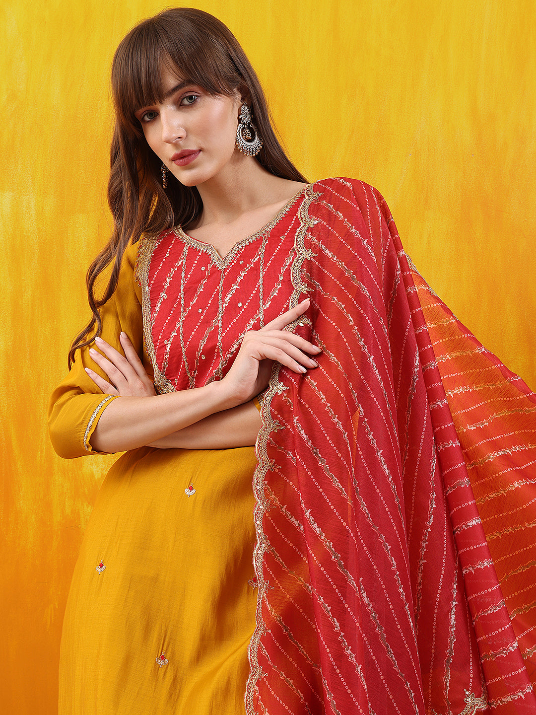 Sequined Embroidered & Applique Patch Kurta With Pant & Printed Dupatta, Mustard - Hiral Fashion - Distacart