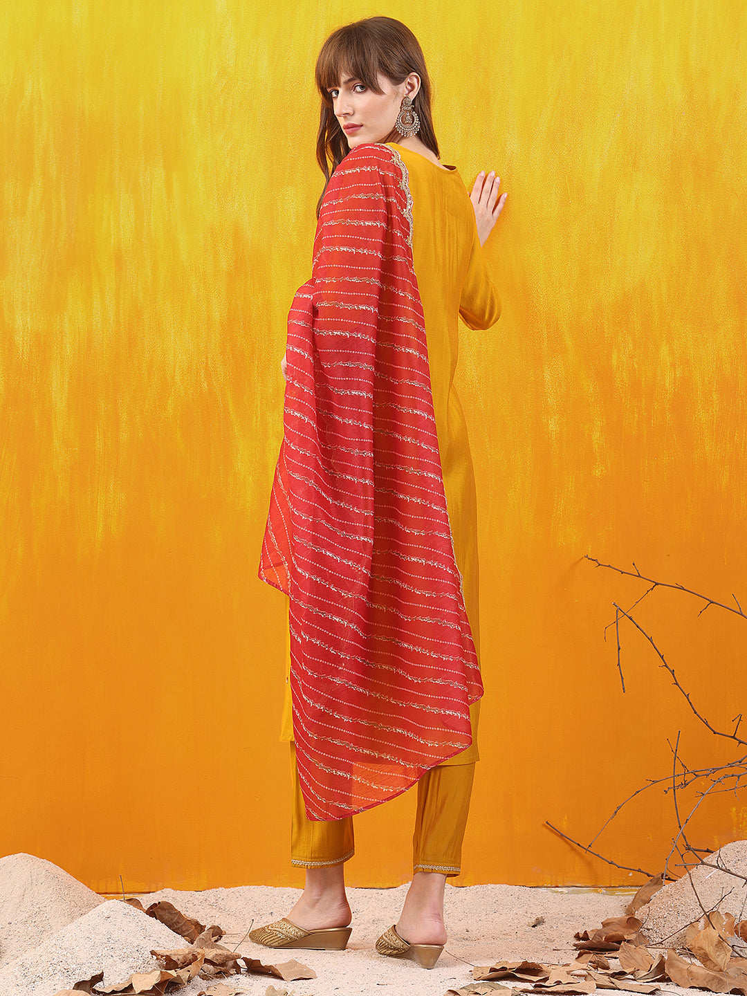Sequined Embroidered & Applique Patch Kurta With Pant & Printed Dupatta, Mustard - Hiral Fashion - Distacart