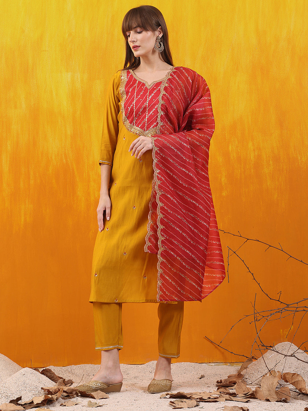 Sequined Embroidered & Applique Patch Kurta With Pant & Printed Dupatta, Mustard - Hiral Fashion - Distacart