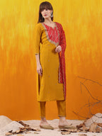 Sequined Embroidered & Applique Patch Kurta With Pant & Printed Dupatta, Mustard - Hiral Fashion - Distacart
