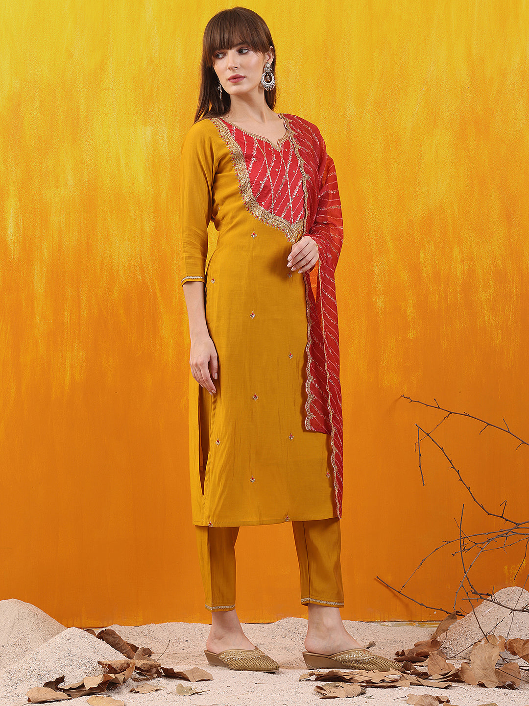 Sequined Embroidered & Applique Patch Kurta With Pant & Printed Dupatta, Mustard - Hiral Fashion - Distacart