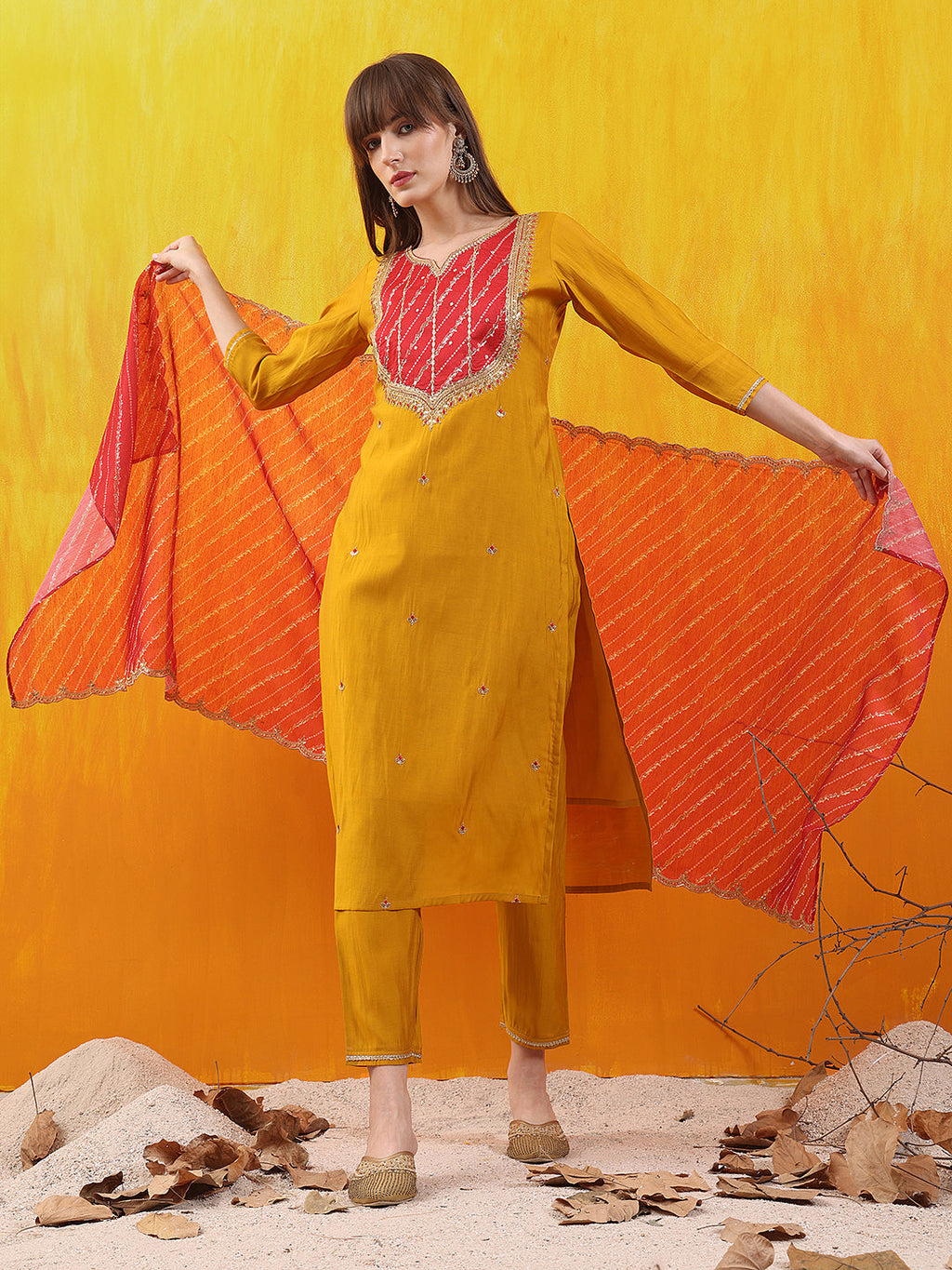 Sequined Embroidered & Applique Patch Kurta With Pant & Printed Dupatta, Mustard - Hiral Fashion - Distacart
