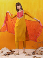 Sequined Embroidered & Applique Patch Kurta With Pant & Printed Dupatta, Mustard - Hiral Fashion - Distacart