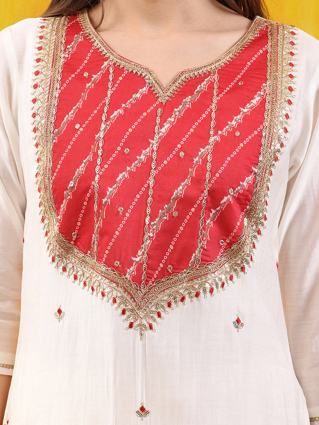 Sequined Embroidered & Applique Patch Kurta With Pant & Printed Dupatta, White - Hiral Fashion - Distacart