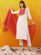Sequined Embroidered & Applique Patch Kurta With Pant & Printed Dupatta, White - Hiral Fashion - Distacart