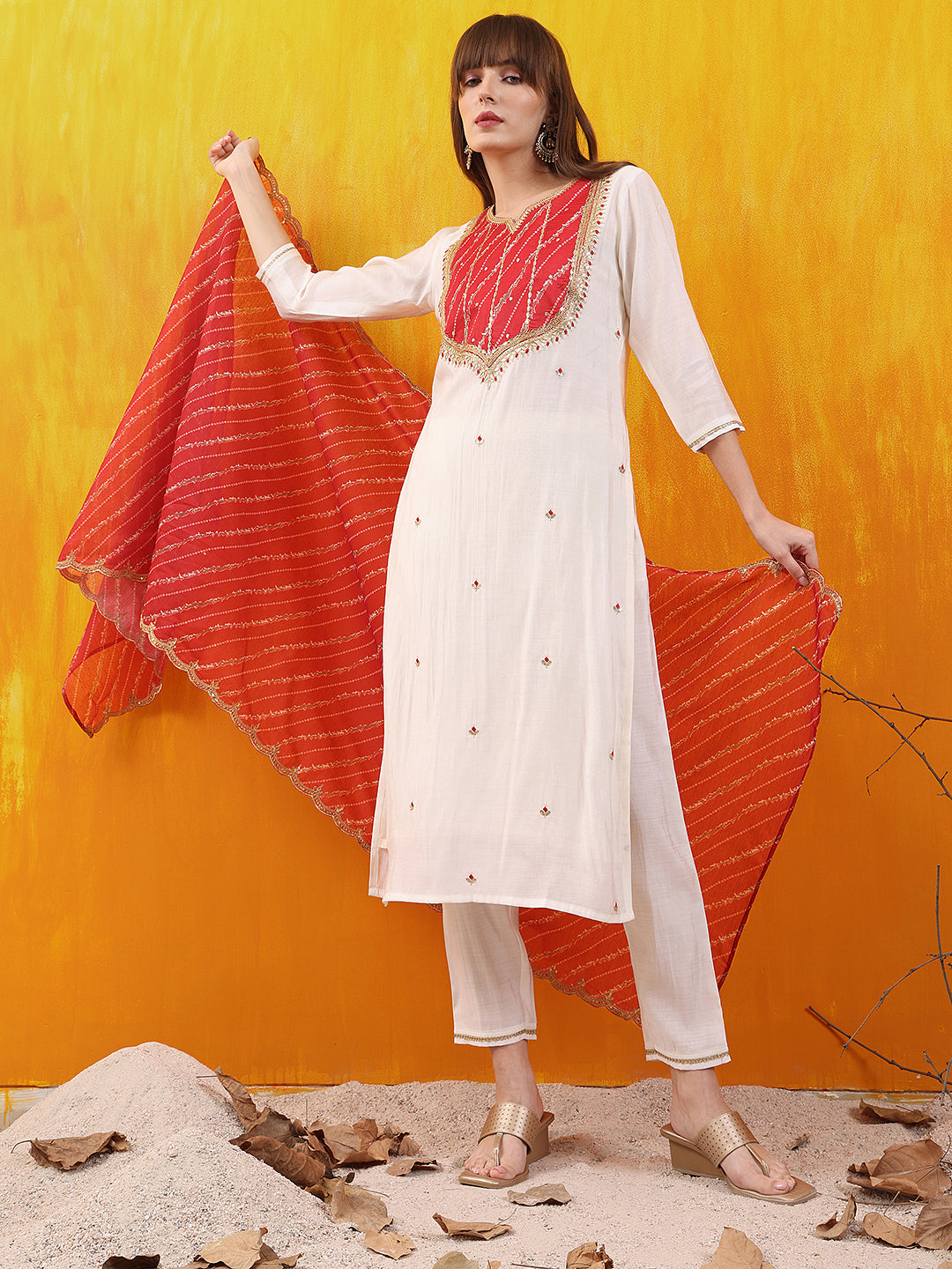 Sequined Embroidered & Applique Patch Kurta With Pant & Printed Dupatta, White - Hiral Fashion - Distacart