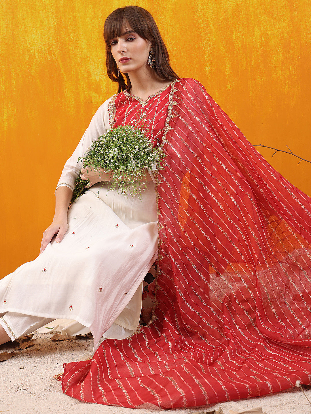 Sequined Embroidered & Applique Patch Kurta With Pant & Printed Dupatta, White - Hiral Fashion - Distacart