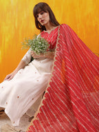 Sequined Embroidered & Applique Patch Kurta With Pant & Printed Dupatta, White - Hiral Fashion - Distacart