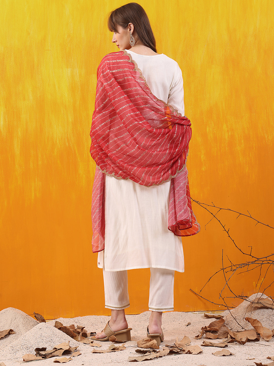 Sequined Embroidered & Applique Patch Kurta With Pant & Printed Dupatta, White - Hiral Fashion - Distacart