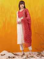 Sequined Embroidered & Applique Patch Kurta With Pant & Printed Dupatta, White - Hiral Fashion - Distacart