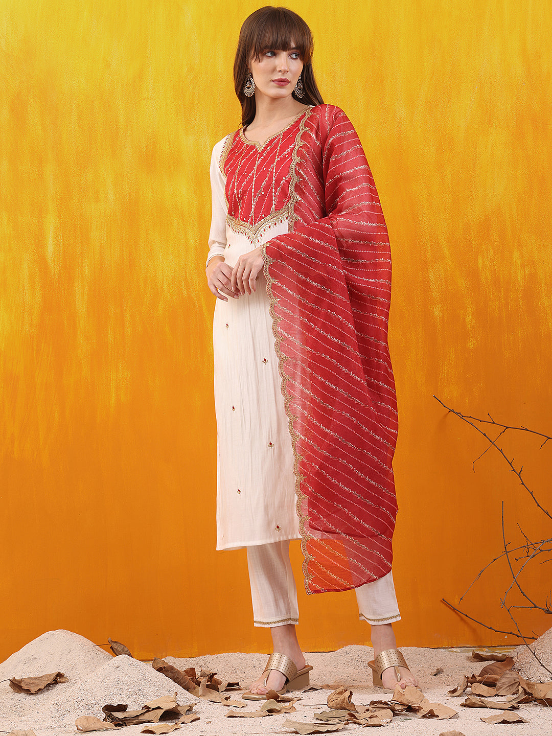 Sequined Embroidered & Applique Patch Kurta With Pant & Printed Dupatta, White - Hiral Fashion - Distacart