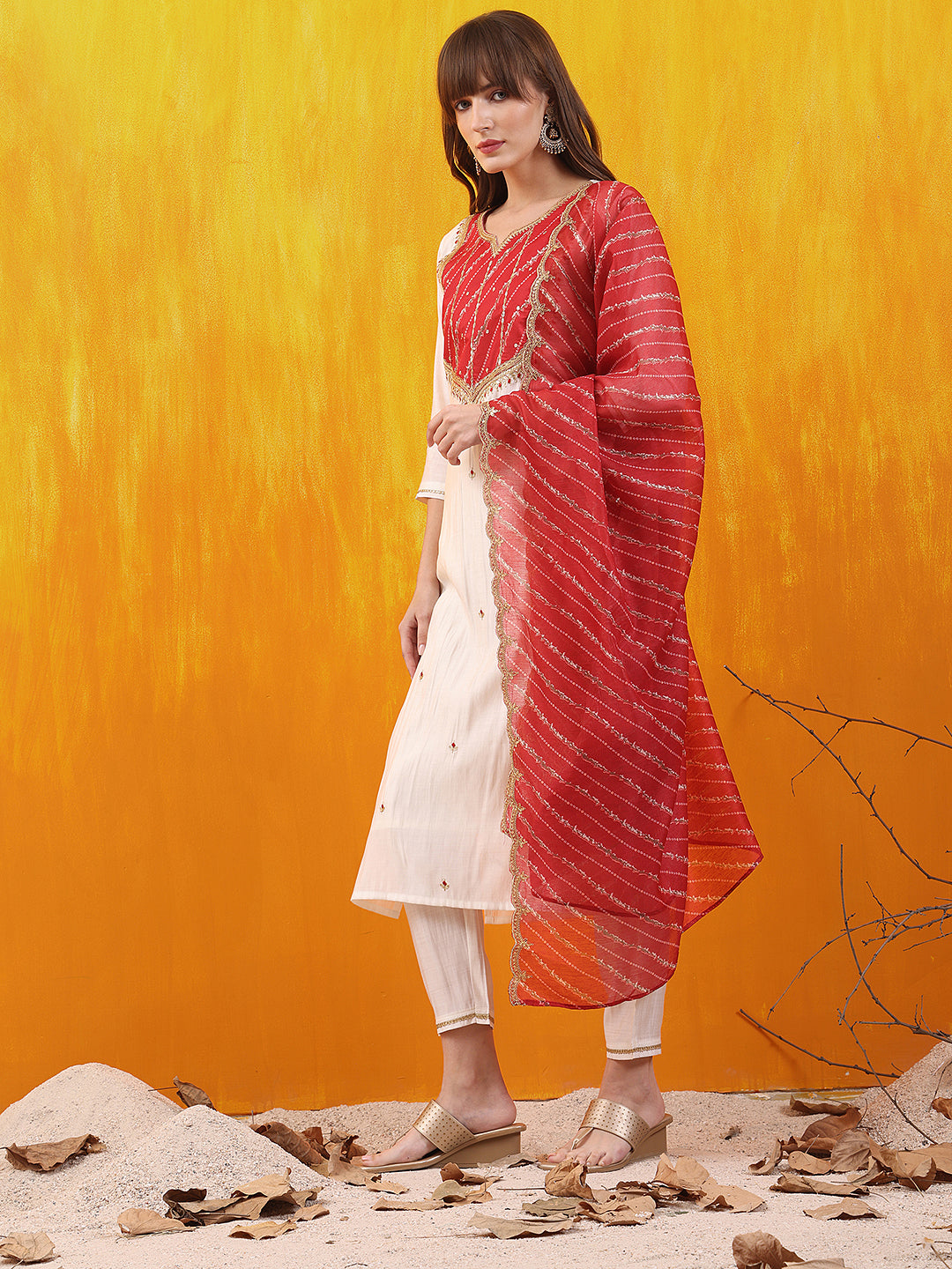 Sequined Embroidered & Applique Patch Kurta With Pant & Printed Dupatta, White - Hiral Fashion - Distacart