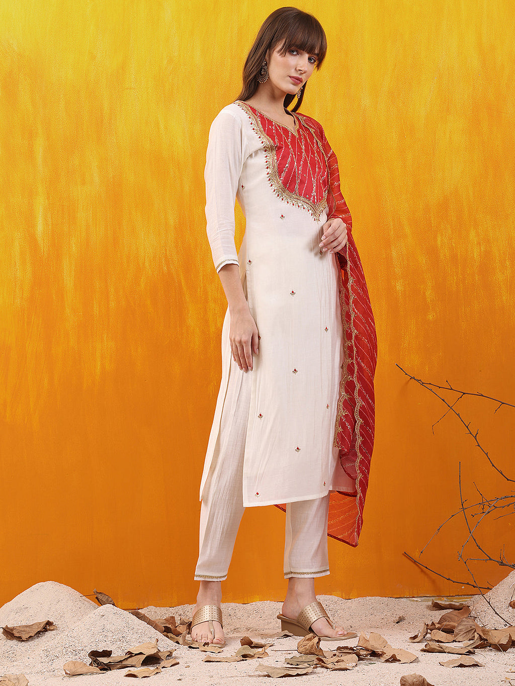 Sequined Embroidered & Applique Patch Kurta With Pant & Printed Dupatta, White - Hiral Fashion - Distacart