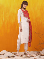 Sequined Embroidered & Applique Patch Kurta With Pant & Printed Dupatta, White - Hiral Fashion - Distacart