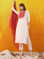 Sequined Embroidered & Applique Patch Kurta With Pant & Printed Dupatta, White - Hiral Fashion - Distacart