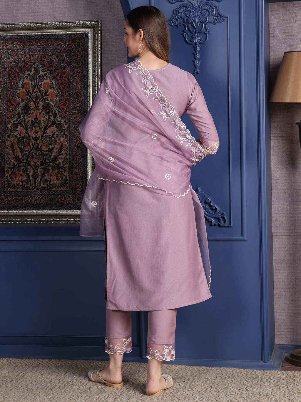Embroidered Kurta With Pant & Organza Embroidered Dupatta, Lavender - Hiral Fashion - Distacart
