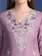 Embroidered Kurta With Pant & Organza Embroidered Dupatta, Lavender - Hiral Fashion - Distacart