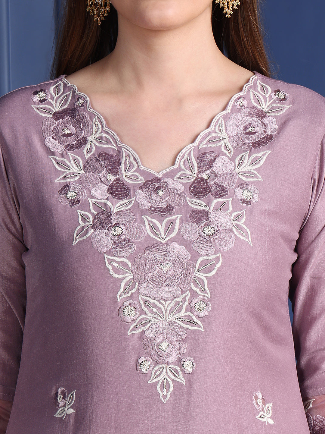 Embroidered Kurta With Pant & Organza Embroidered Dupatta, Lavender - Hiral Fashion - Distacart