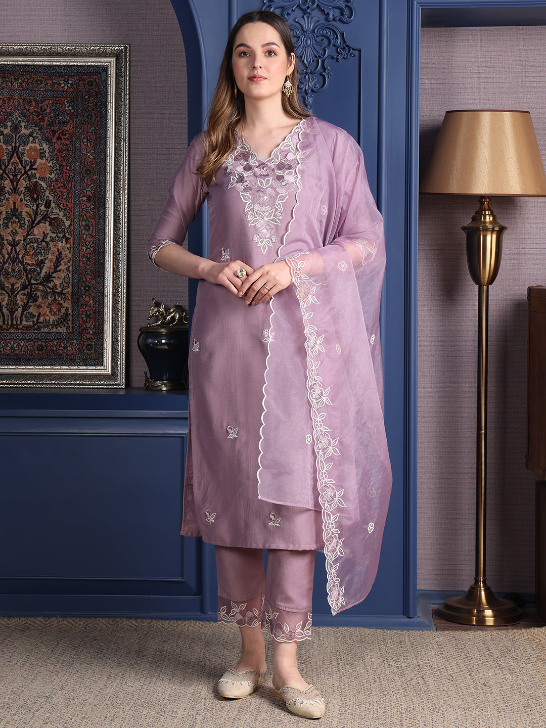 Embroidered Kurta With Pant & Organza Embroidered Dupatta, Lavender - Hiral Fashion - Distacart