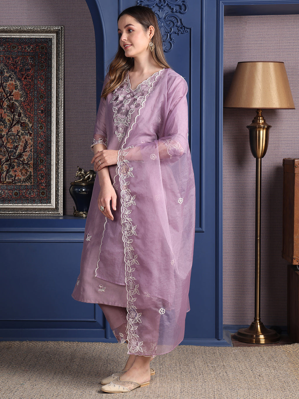 Embroidered Kurta With Pant & Organza Embroidered Dupatta, Lavender - Hiral Fashion - Distacart