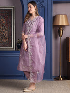 Embroidered Kurta With Pant & Organza Embroidered Dupatta, Lavender - Hiral Fashion - Distacart