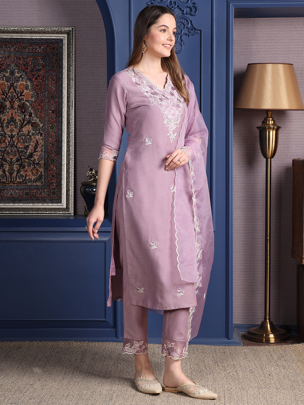 Embroidered Kurta With Pant & Organza Embroidered Dupatta, Lavender - Hiral Fashion - Distacart