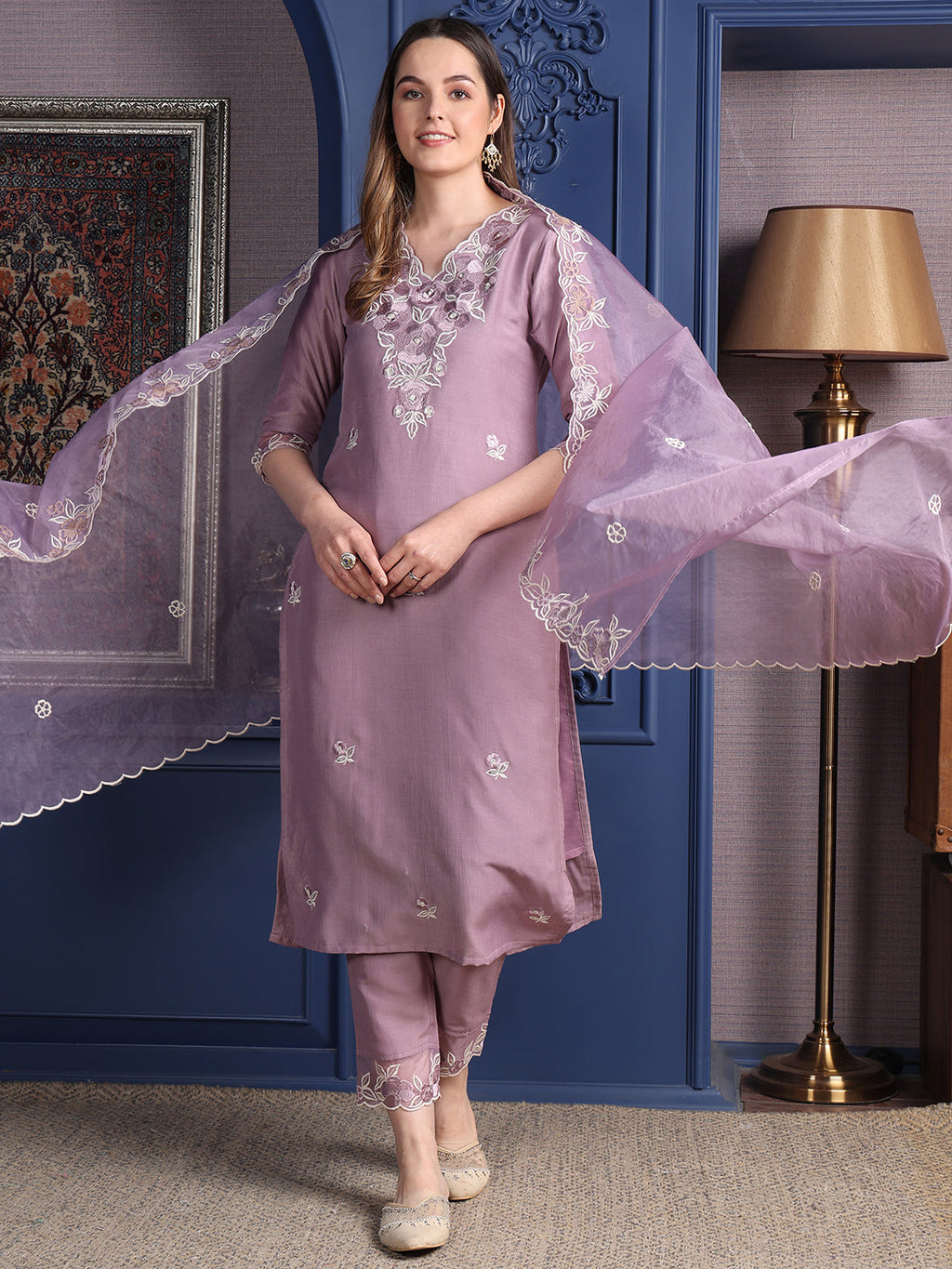 Embroidered Kurta With Pant & Organza Embroidered Dupatta, Lavender - Hiral Fashion - Distacart