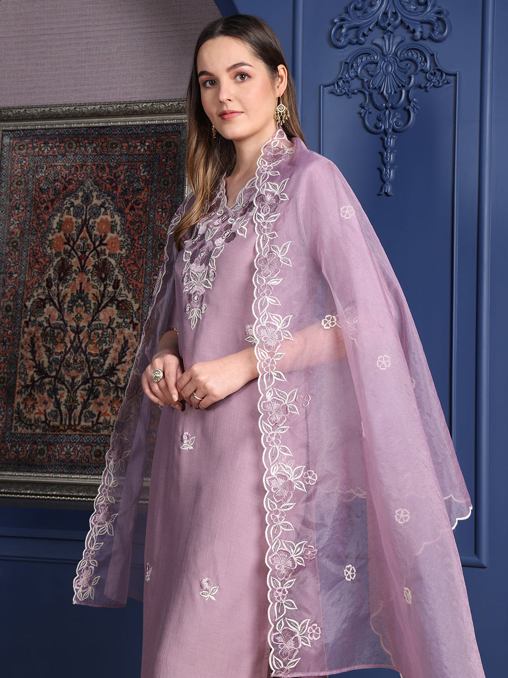 Embroidered Kurta With Pant & Organza Embroidered Dupatta, Lavender - Hiral Fashion - Distacart
