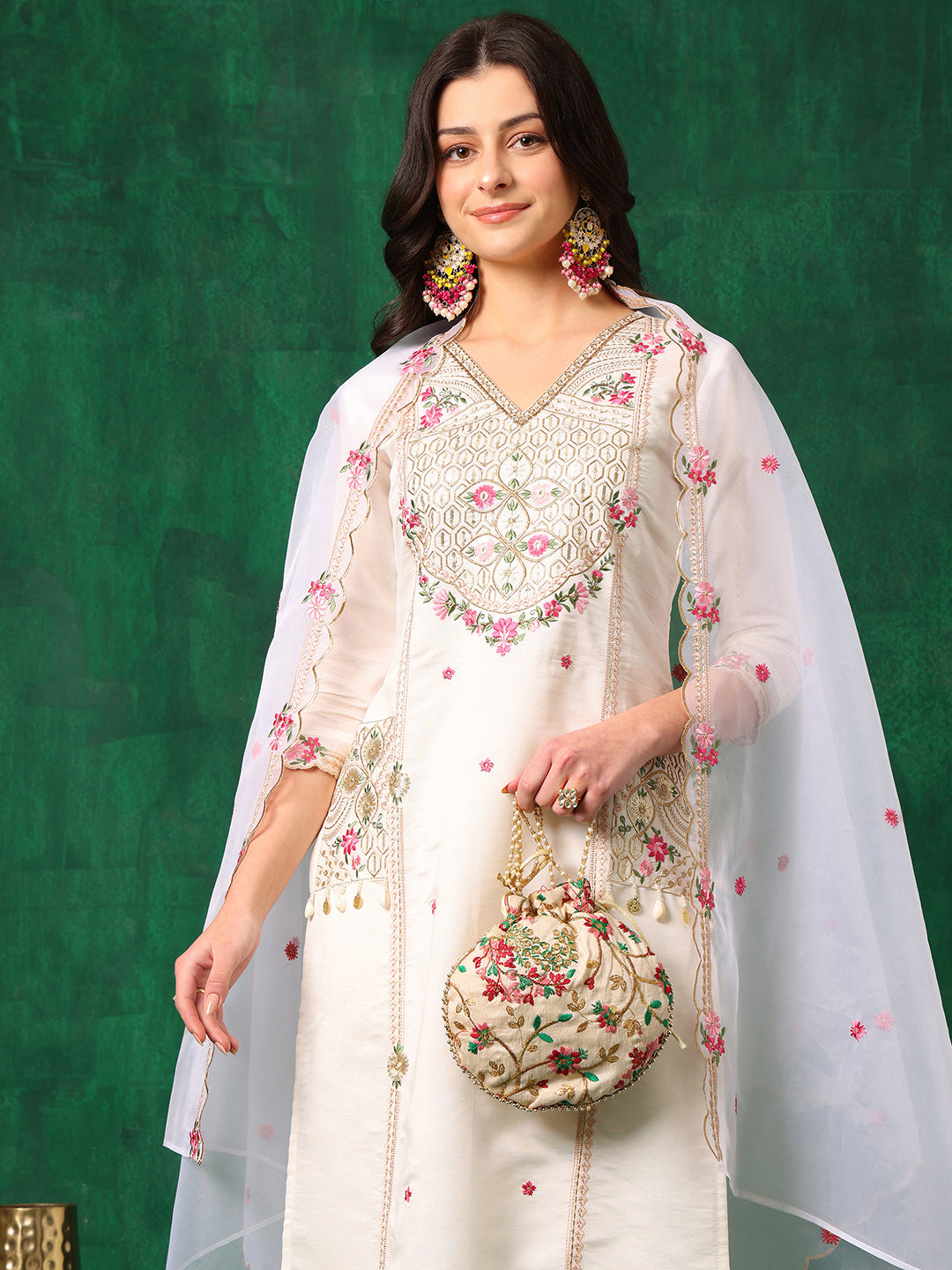 Embroidered Kurta With Pant & Embroidered Organza Dupatta, White - Hiral Fashion - Distacart