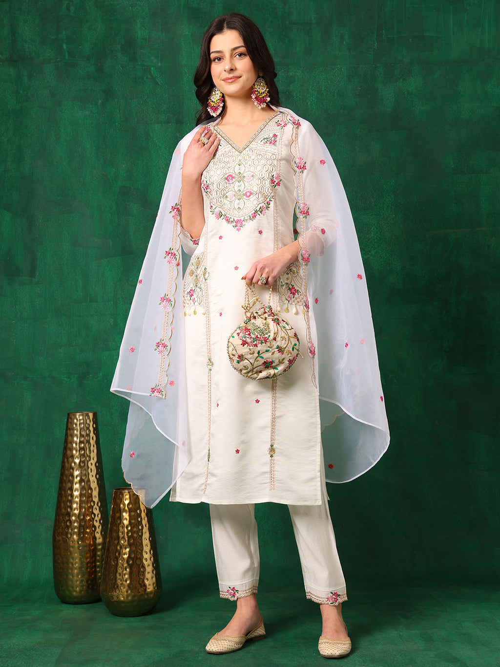 Embroidered Kurta With Pant & Embroidered Organza Dupatta, White - Hiral Fashion - Distacart