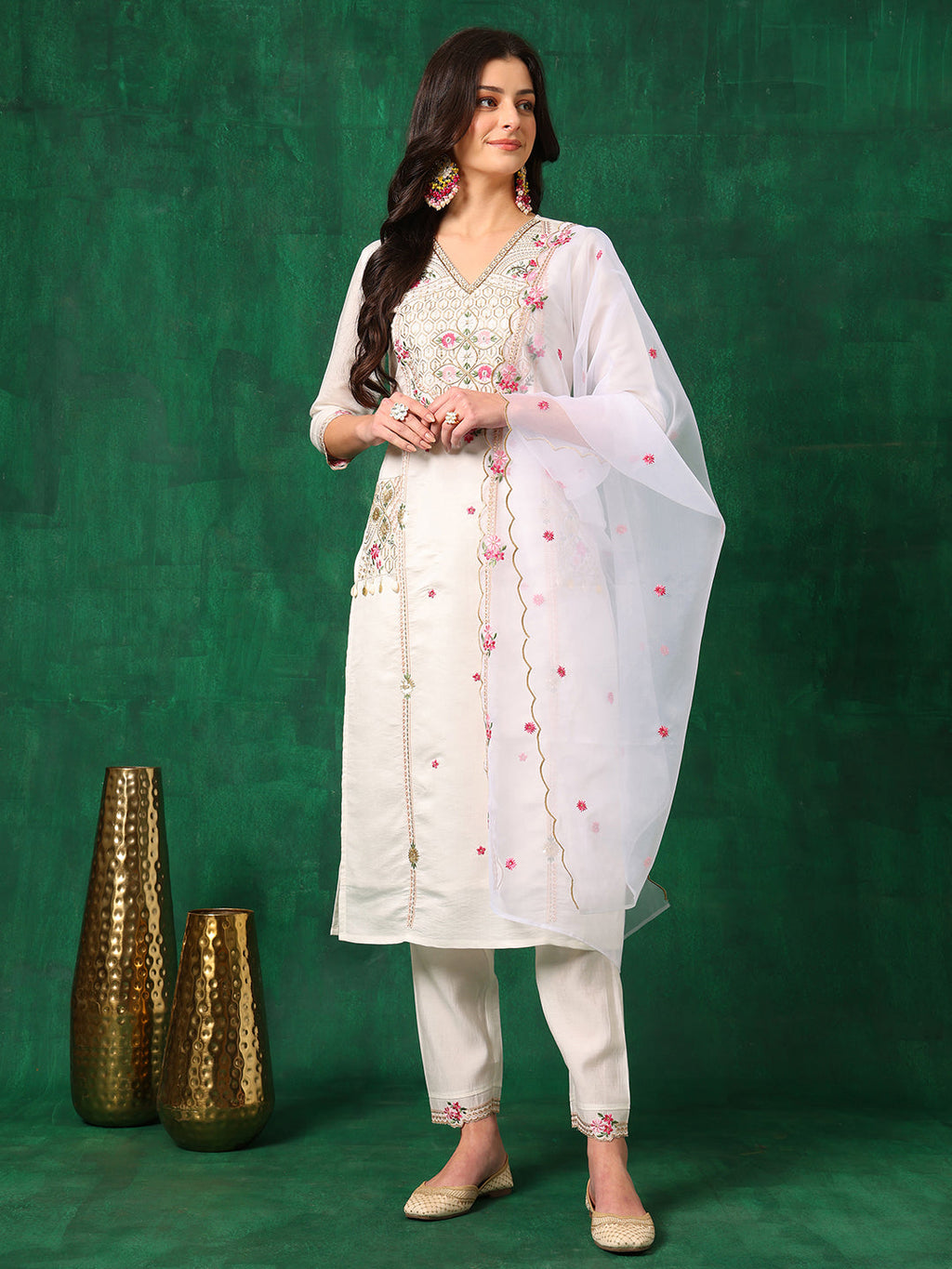 Embroidered Kurta With Pant & Embroidered Organza Dupatta, White - Hiral Fashion - Distacart