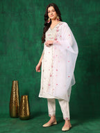 Embroidered Kurta With Pant & Embroidered Organza Dupatta, White - Hiral Fashion - Distacart