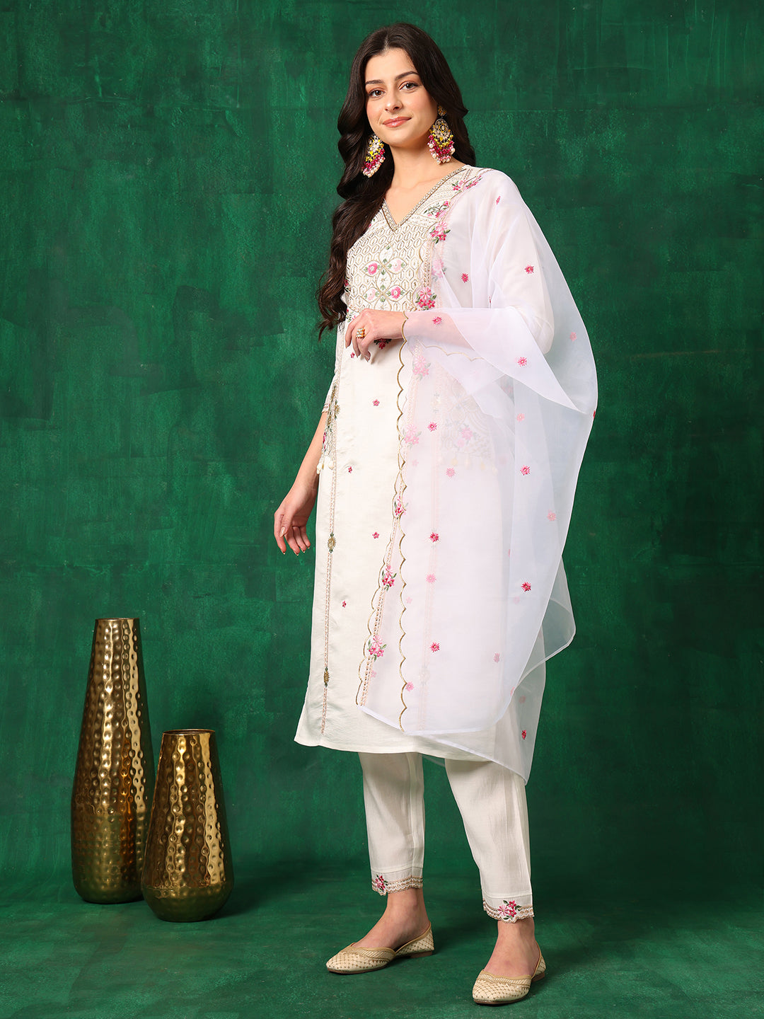 Embroidered Kurta With Pant & Embroidered Organza Dupatta, White - Hiral Fashion - Distacart