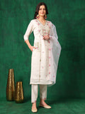 Embroidered Kurta With Pant & Embroidered Organza Dupatta, White - Hiral Fashion - Distacart