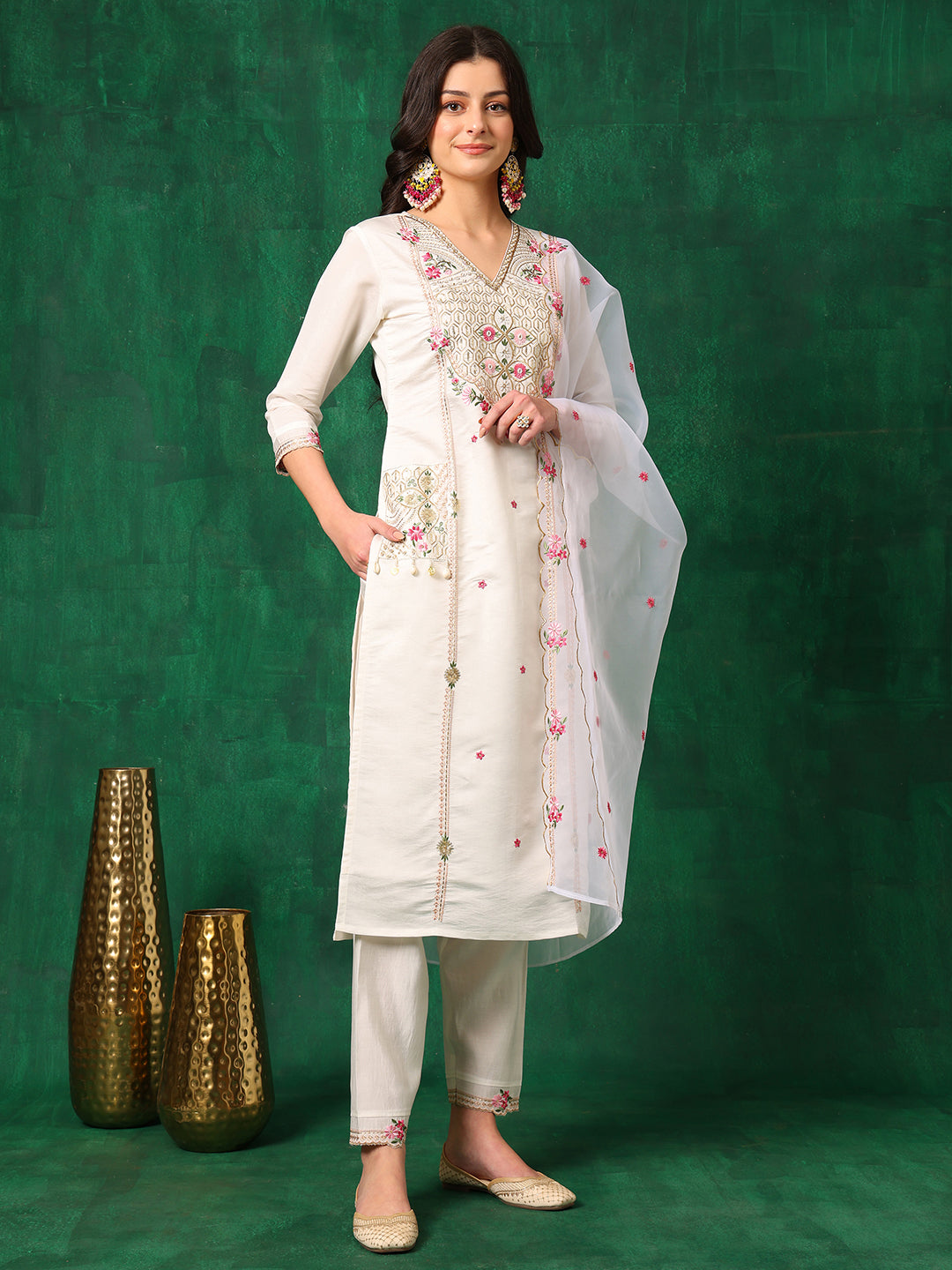 Embroidered Kurta With Pant & Embroidered Organza Dupatta, White - Hiral Fashion - Distacart