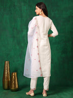Embroidered Kurta With Pant & Embroidered Organza Dupatta, White - Hiral Fashion - Distacart