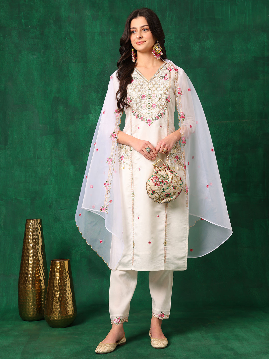 Embroidered Kurta With Pant & Embroidered Organza Dupatta, White - Hiral Fashion - Distacart