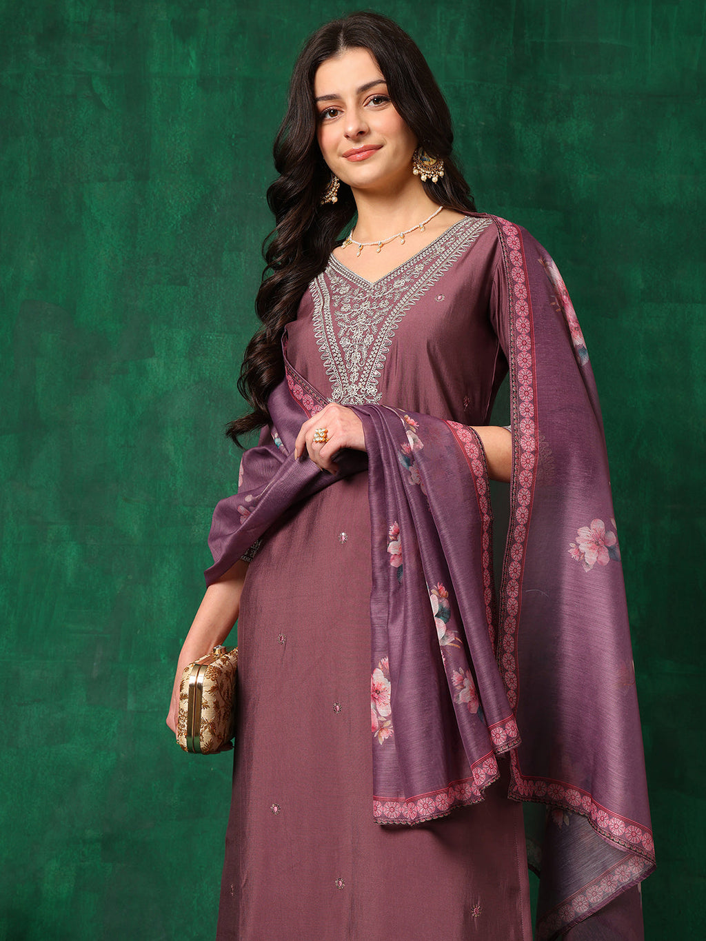 Sequined Embroidered Kurta With Pant & Printed Dupatta, Mauve - Hiral Fashion - Distacart