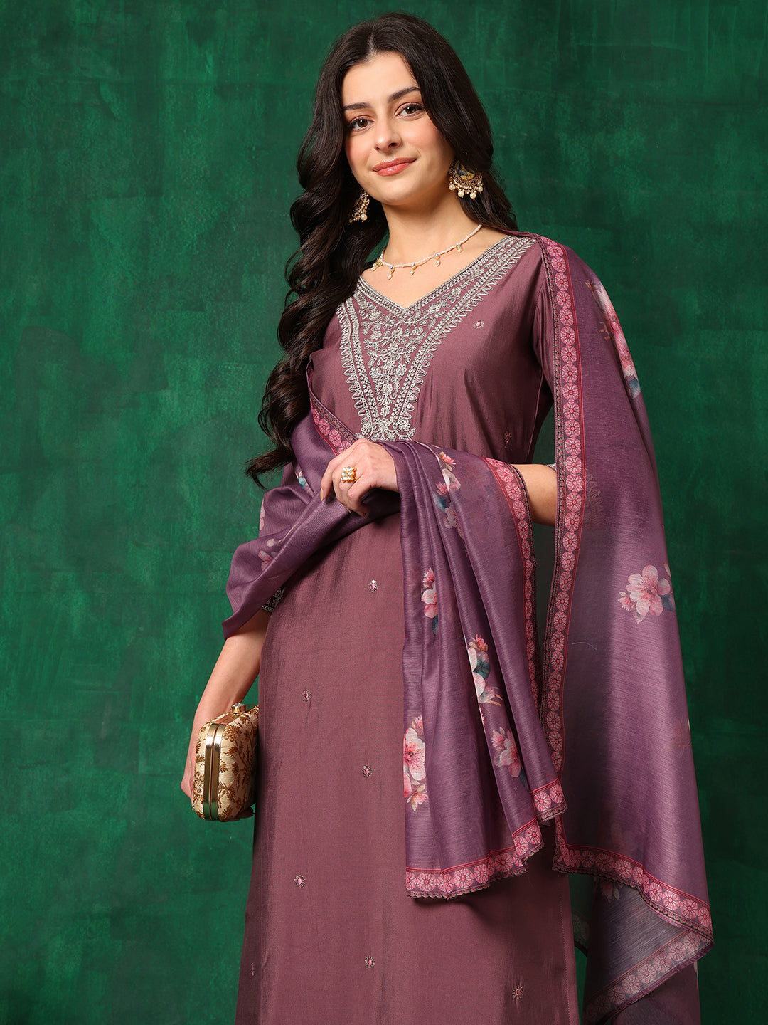 Sequined Embroidered Kurta With Pant & Printed Dupatta, Mauve - Hiral Fashion - Distacart
