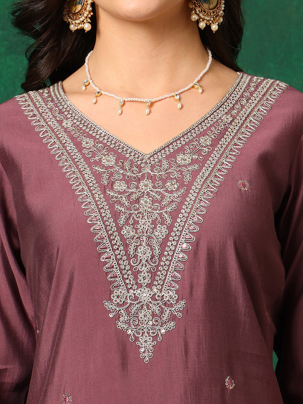 Sequined Embroidered Kurta With Pant & Printed Dupatta, Mauve - Hiral Fashion - Distacart
